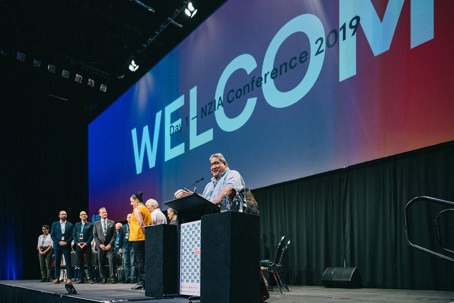Otene Rewiti talks during the pōwhiri.

