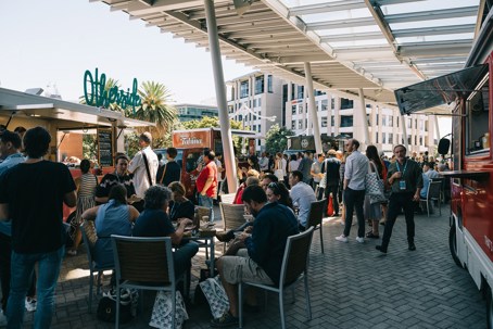 Food trucks provide sustenance in Spark Arena's forecourt.