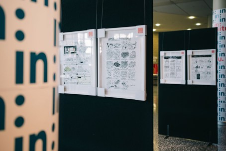 Malcolm Walker's cartoons, exhibited for a silent auction.