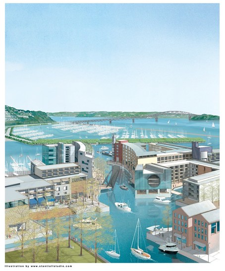 Artist’s rendering for the scheme for the Auckland waterfront, prepared for the Auckland Waterfront Advisory Group (AWAG), 2002